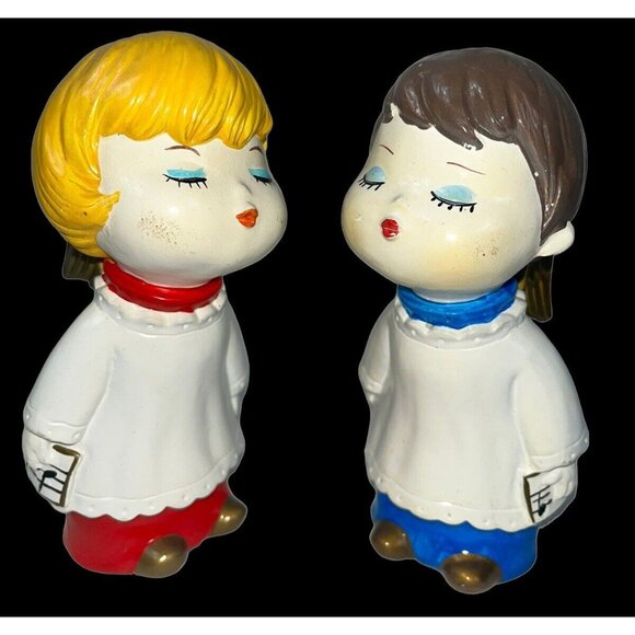 1960s Kitchy Boy Girl Kissing Angels Hand Painted Japan Christmas In Box Ceramic - Picture 3 of 9